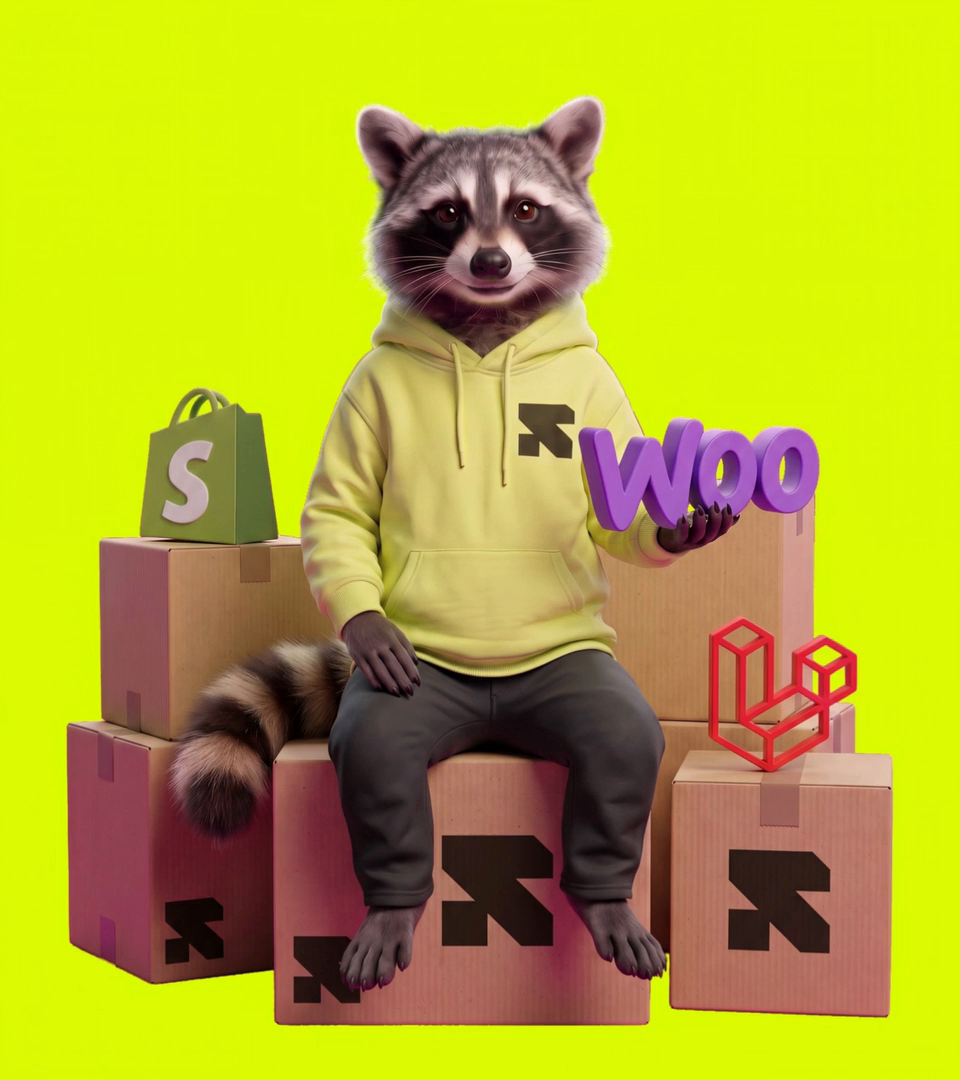 Religh raccoon seated on stacked shipping boxes, holding Woo, with three-dimensional Shopify and Laravel sculptures on the boxes