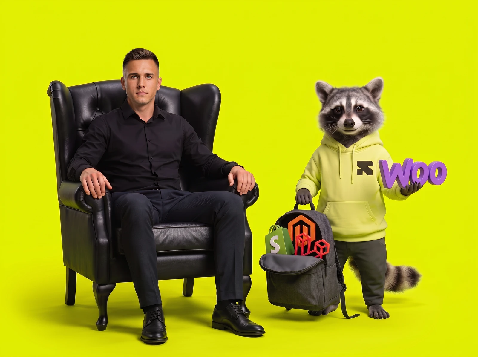 Vlad seated in a black chair beside the Religh raccoon, holding WooCommerce and an open backpack with Shopify, Magento and Laravel icons