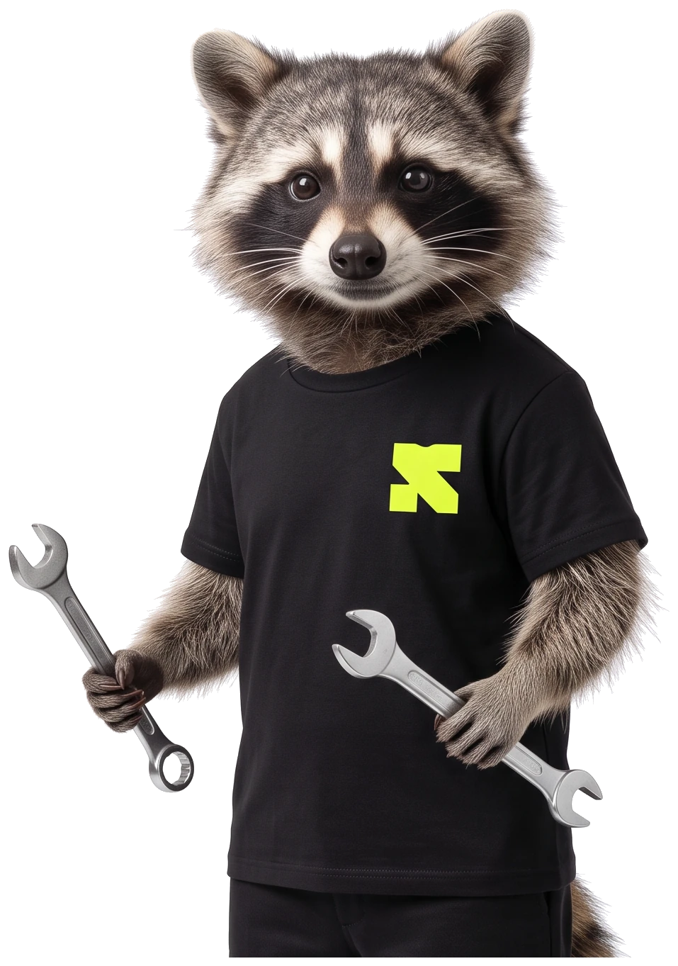 Religh’s raccoon in a black T-shirt with a lime logo, holding two wrenches