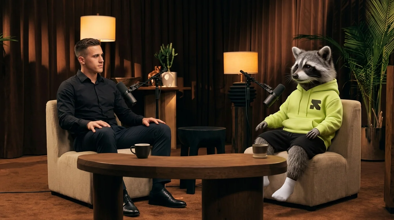 Studio illustration of Vlad and the Religh raccoon mascot talking at microphones.