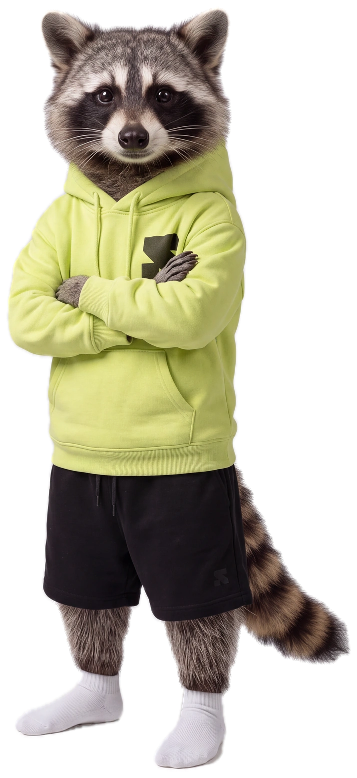 Our raccoon mascot standing with folded arms beside the contact form in a lime Religh hoodie.