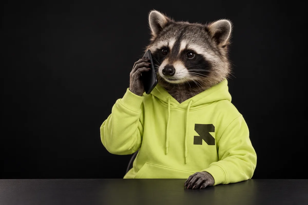 The Religh raccoon talks on a phone in a black studio.