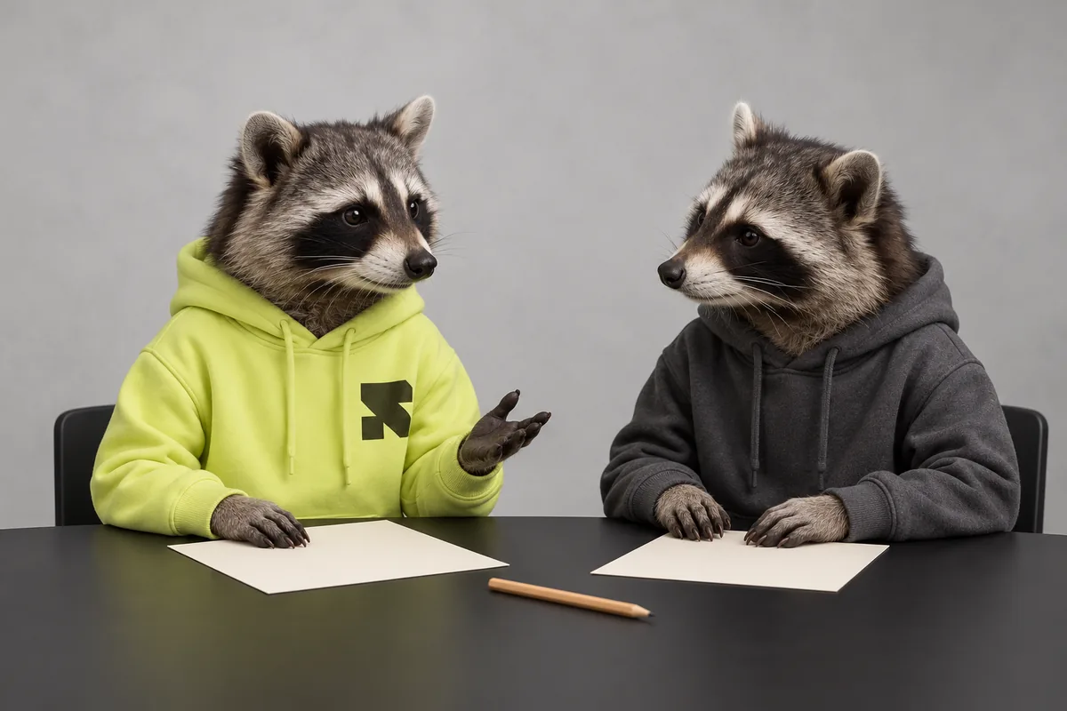 The Religh raccoon plans store work with another raccoon at a grey table.