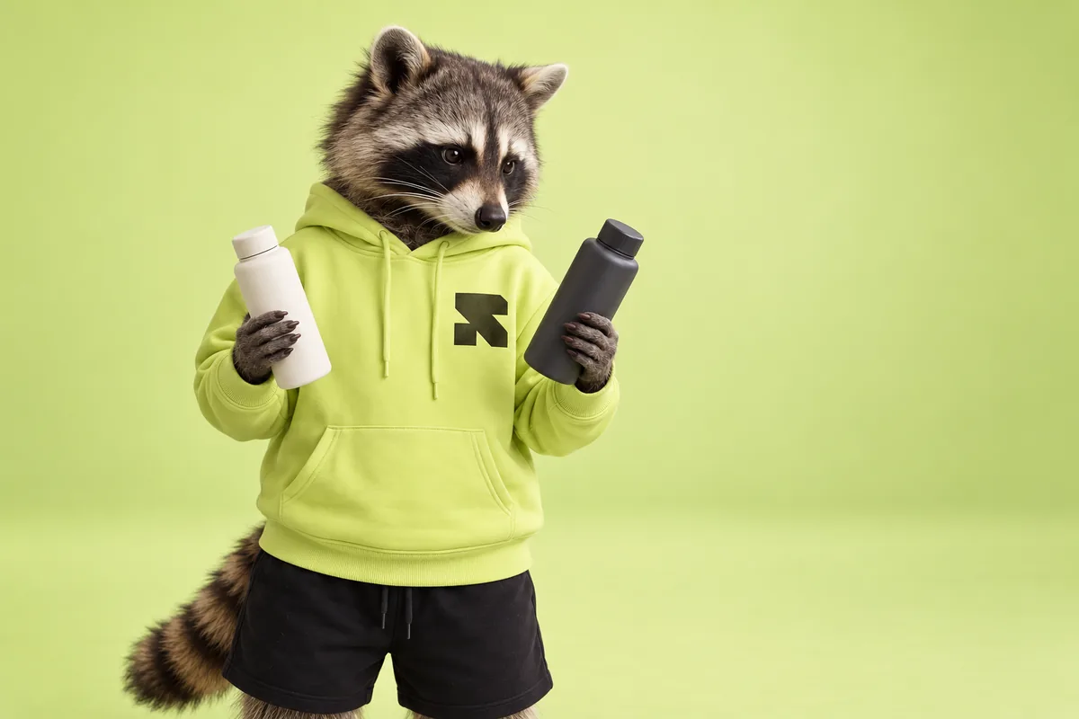 The Religh raccoon compares two plain product bottles in a lime studio.