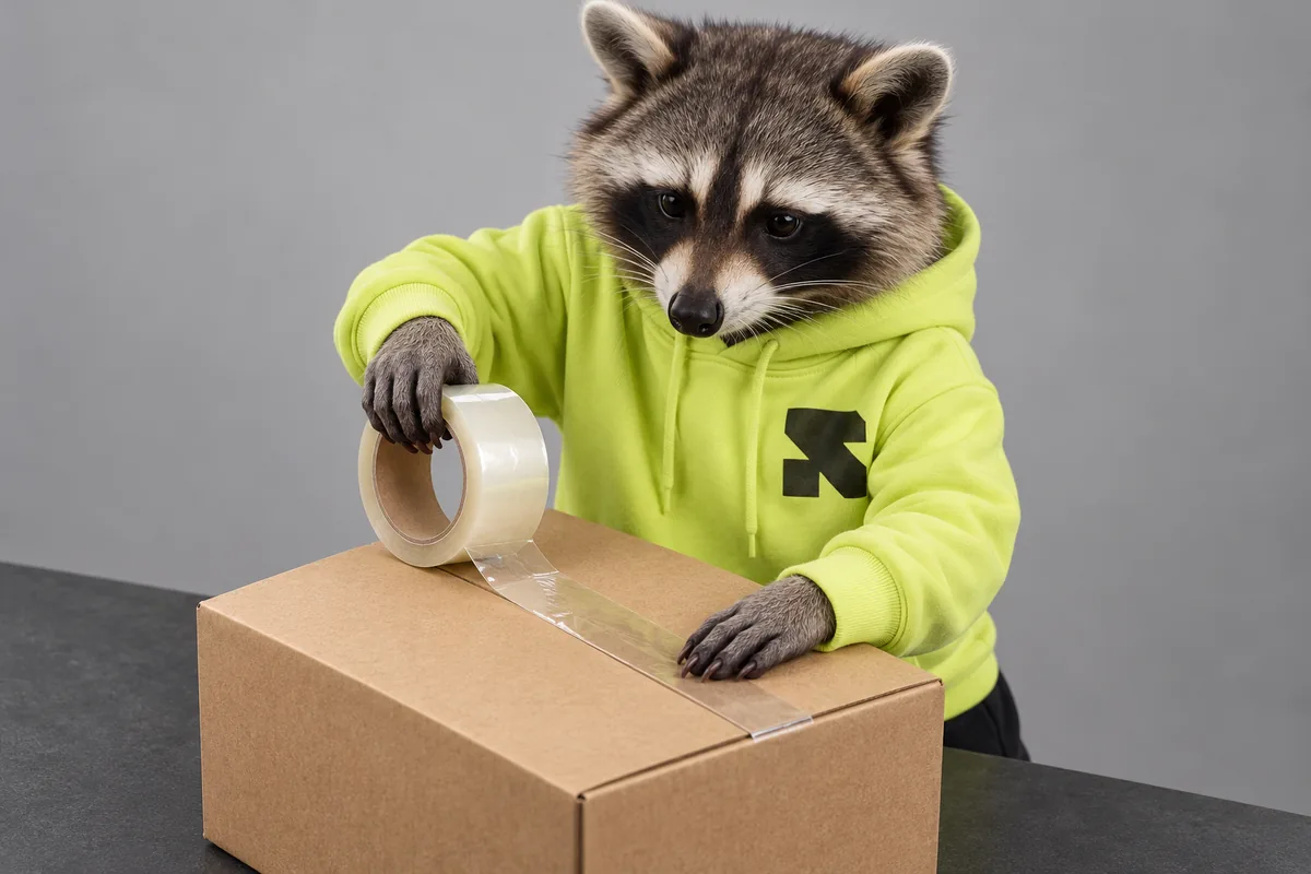 The Religh raccoon seals a cardboard parcel with packing tape.