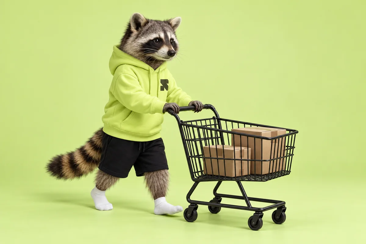 The Religh raccoon stands beside a shopping cart holding a parcel.