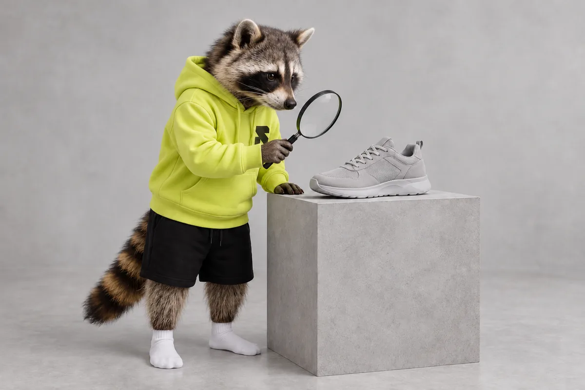 The Religh raccoon examines a plain sneaker with a magnifying glass.