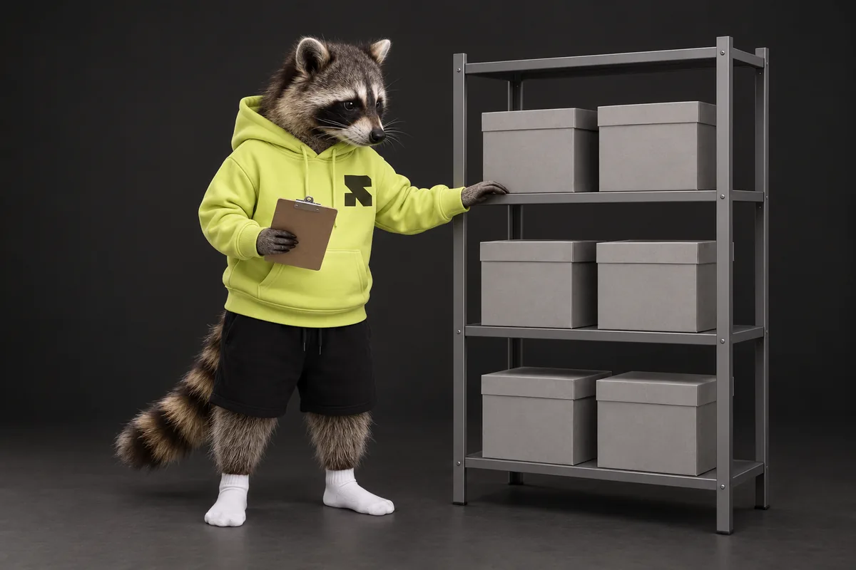 The Religh raccoon checks boxed stock against a clipboard.