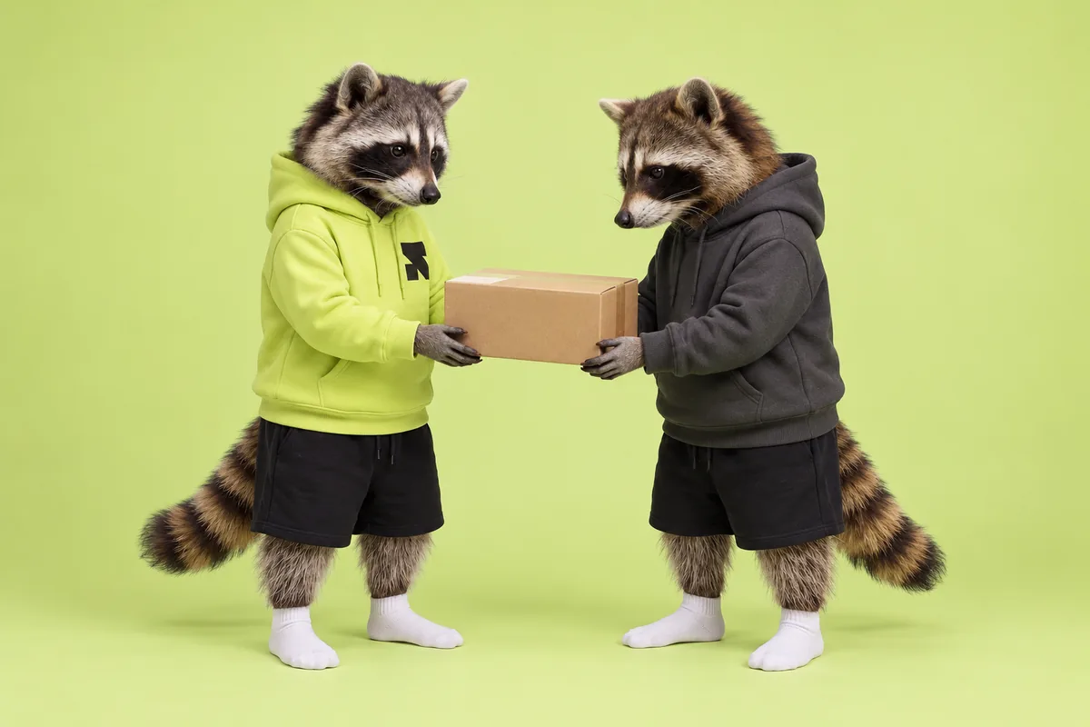 The Religh raccoon hands a delivery parcel to another raccoon.