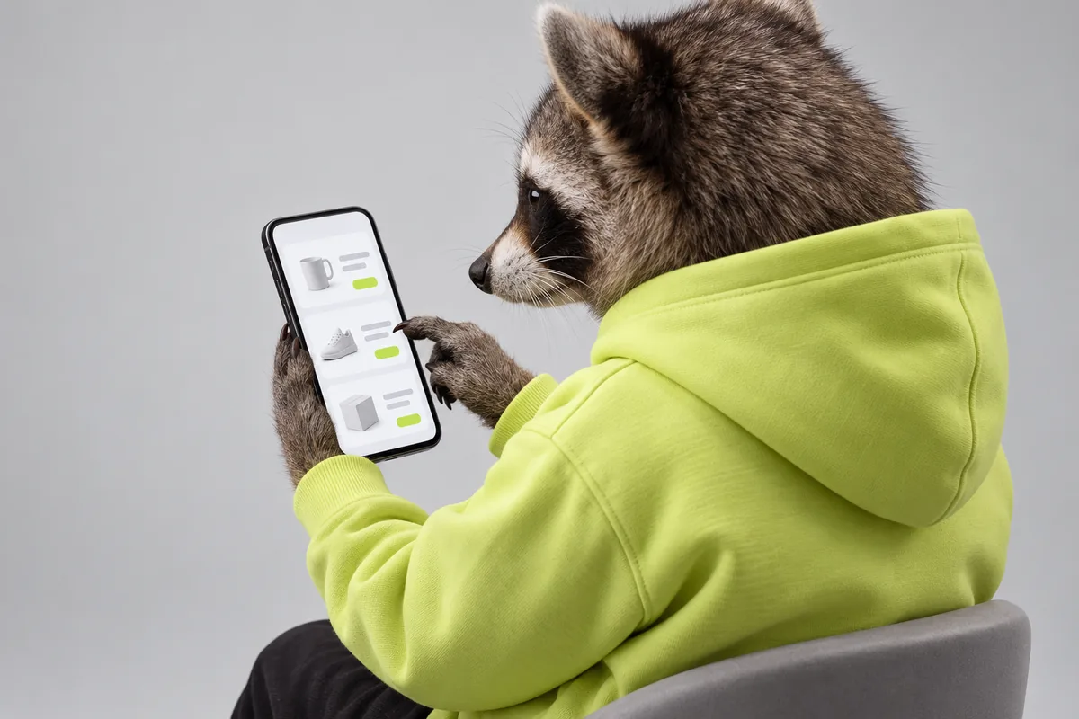 The Religh raccoon browses abstract product cards on the front of a phone.