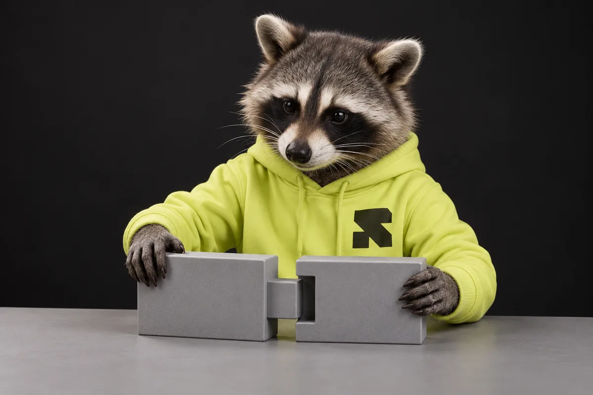 The Religh raccoon fits two modular blocks together to check compatibility.