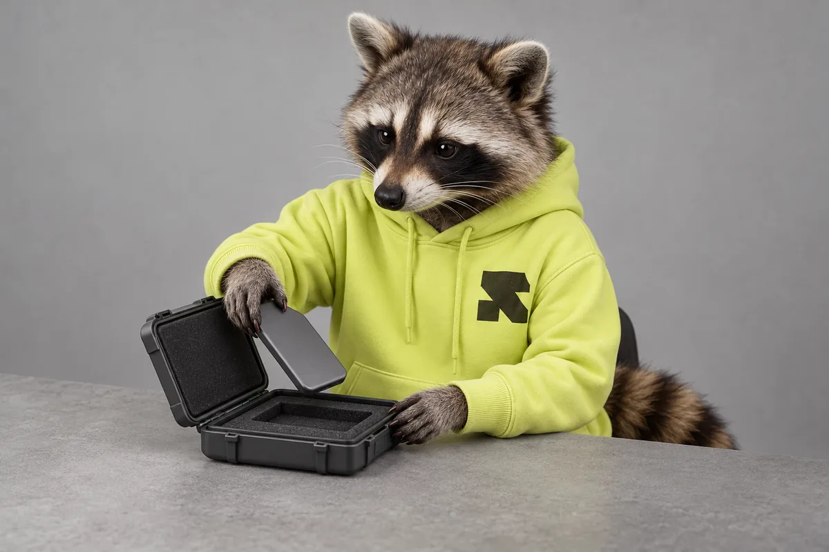 The Religh raccoon places an external storage drive in a protective case.