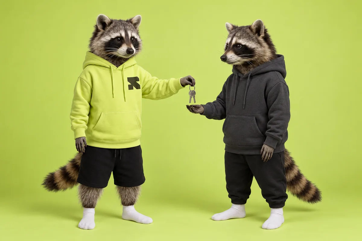 The Religh raccoon hands store keys to another raccoon.