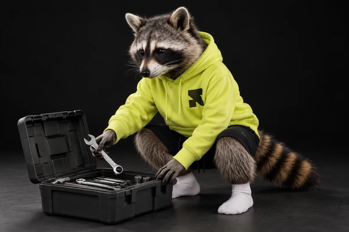 The Religh raccoon works beside an open toolkit with a small wrench.