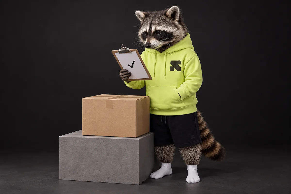The Religh raccoon checks a dispatch clipboard beside a sealed parcel.