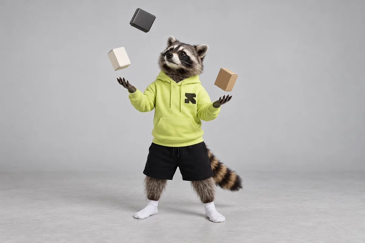 The Religh raccoon juggles three plain product boxes.
