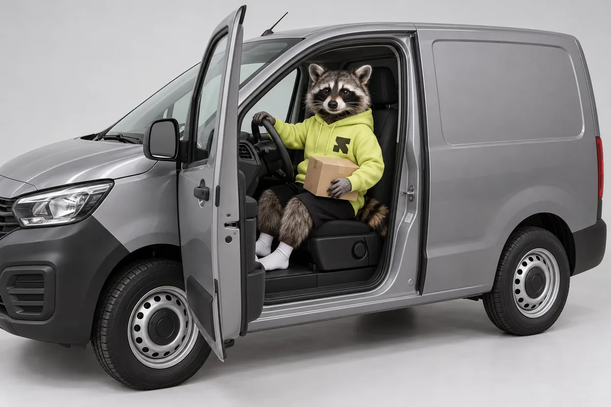The Religh raccoon sits in a parked delivery van holding a parcel.
