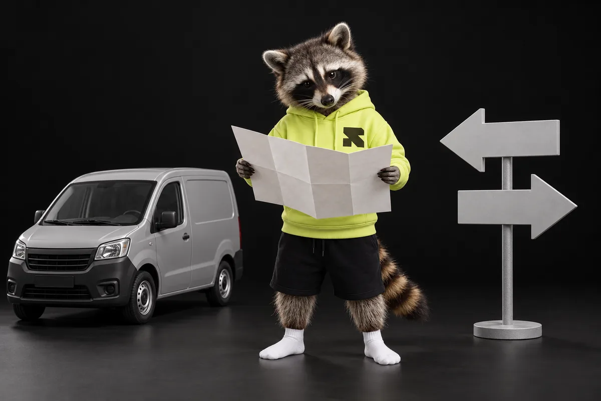 The Religh raccoon checks a blank map beside a delivery van and opposing direction arrows.