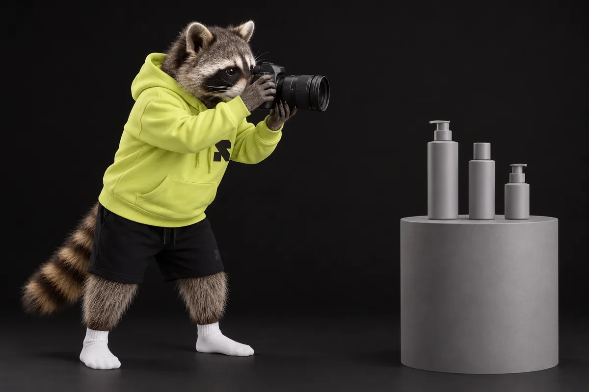 The Religh raccoon photographs three plain product bottles with a camera.
