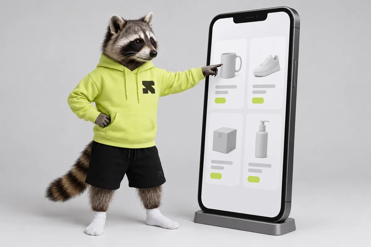 The Religh raccoon selects a product on the front of an oversized phone.
