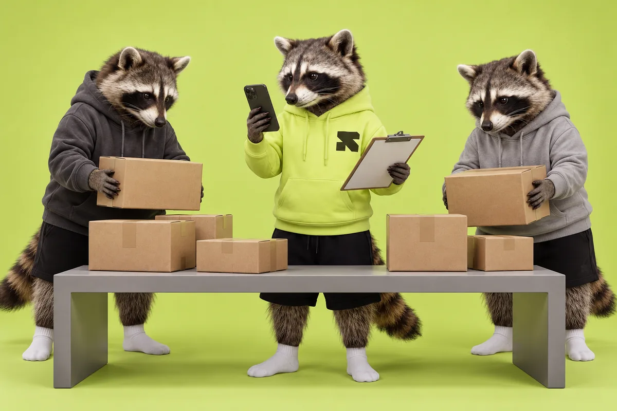 The Religh raccoon coordinates parcel work with two raccoon teammates.