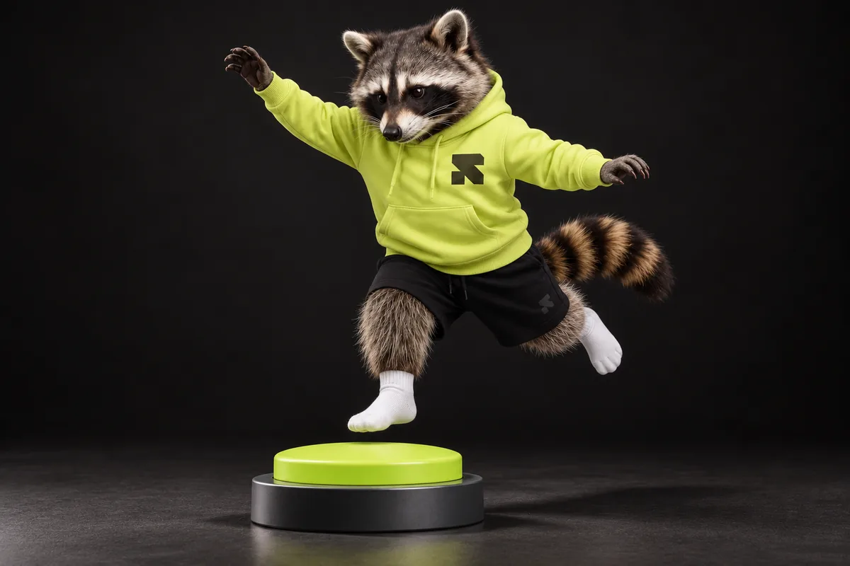 The Religh raccoon jumps above a blank lime launch button.