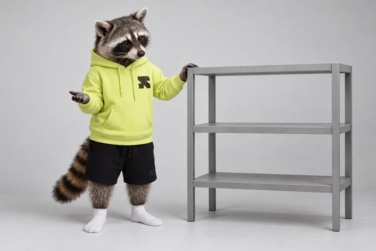 The Religh raccoon looks at an empty product shelf.
