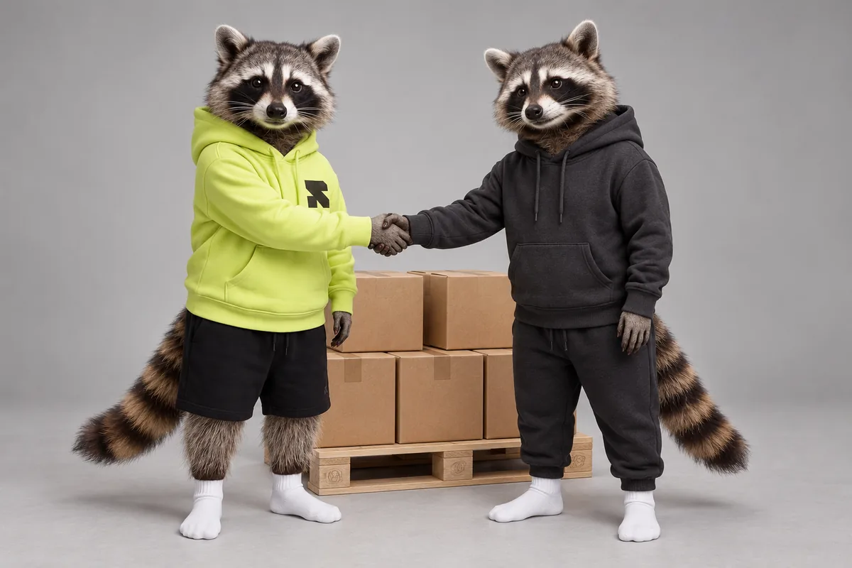 Two raccoons shake paws beside a pallet of wholesale parcels.
