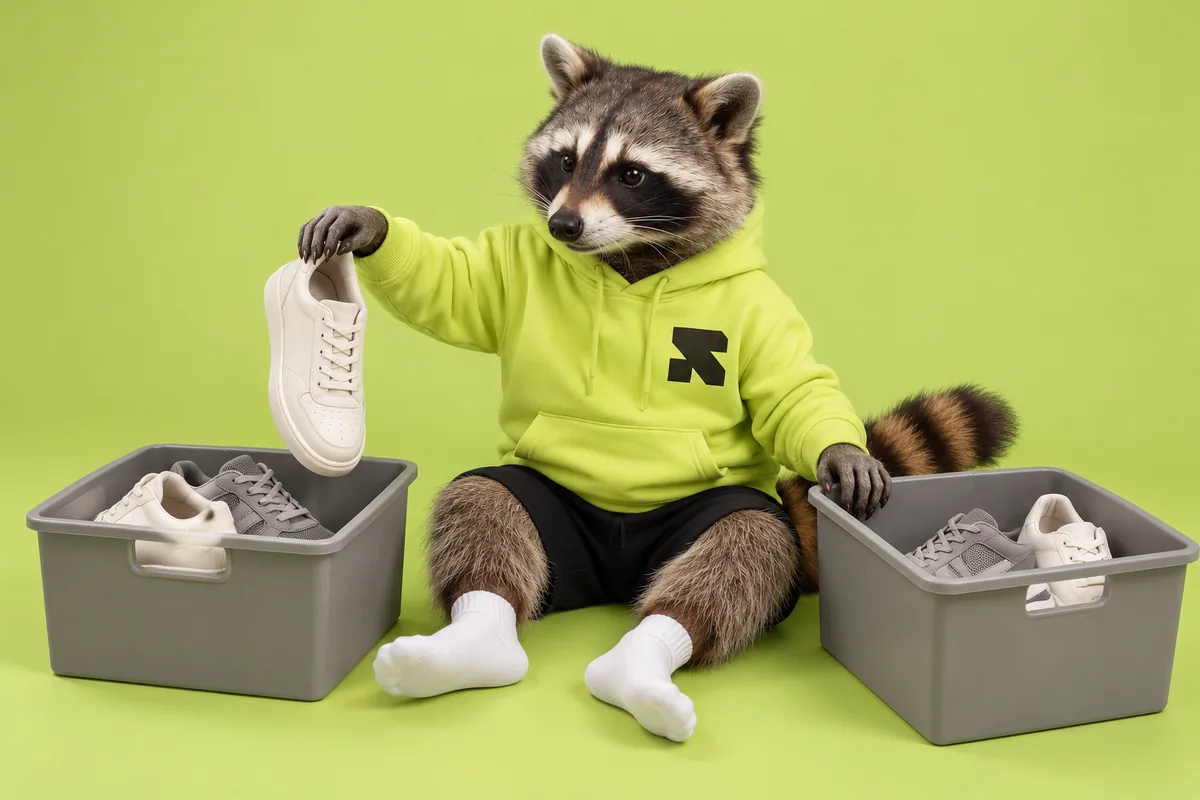 The Religh raccoon sorts plain sneakers into two product bins.