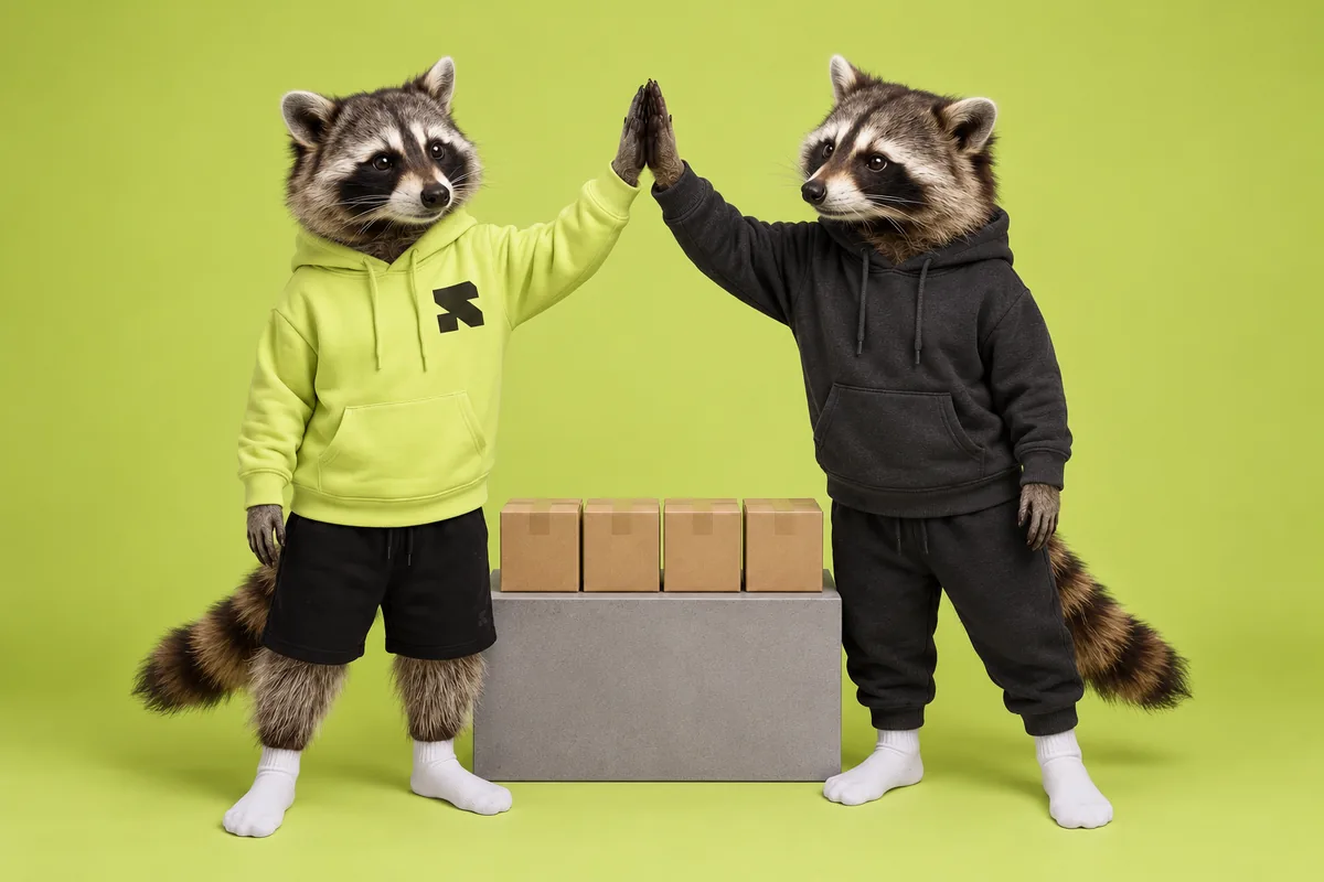 Two raccoons high-five beside completed order parcels.