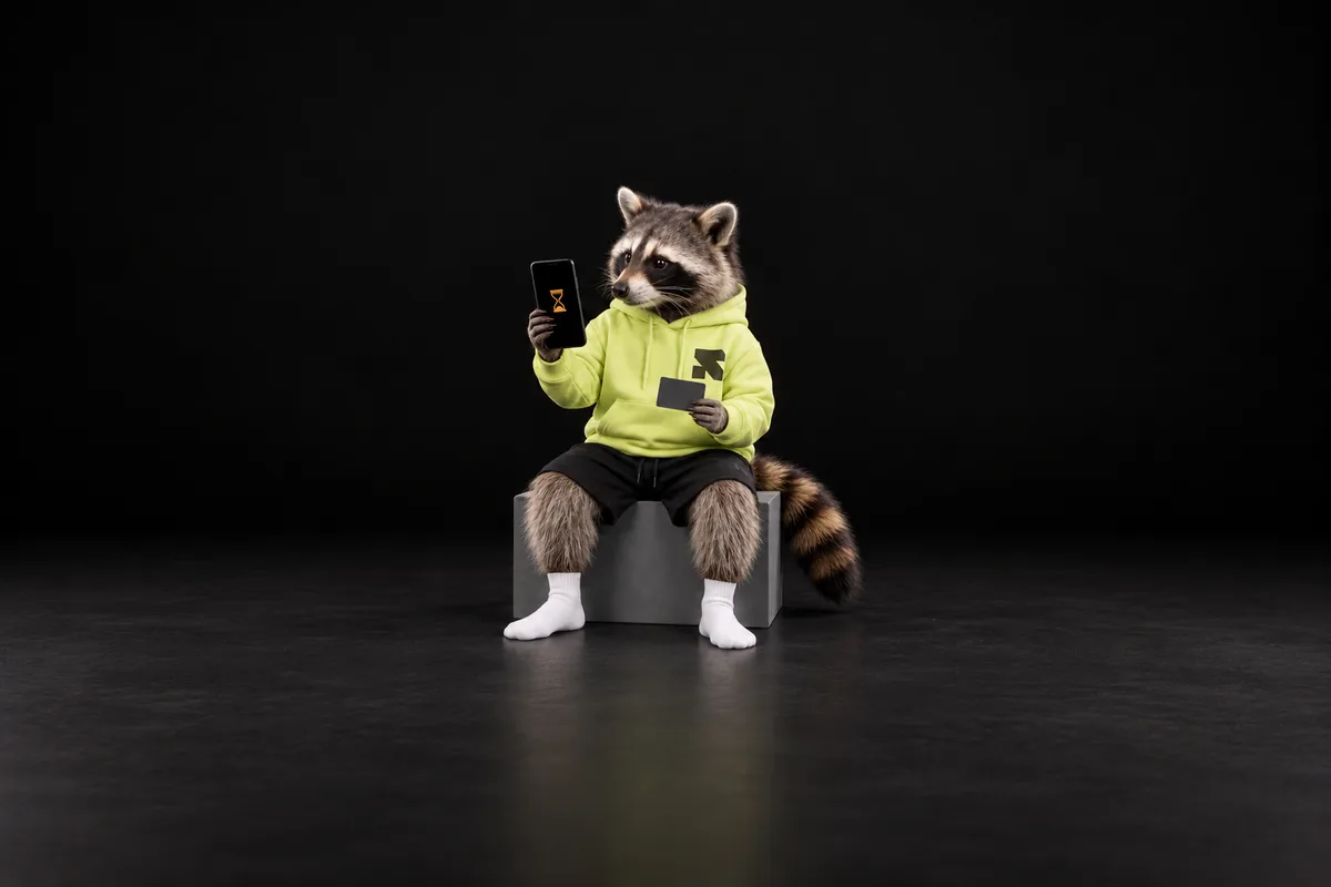 The Religh raccoon checks an amber hourglass on the front of a phone while holding a blank payment card.