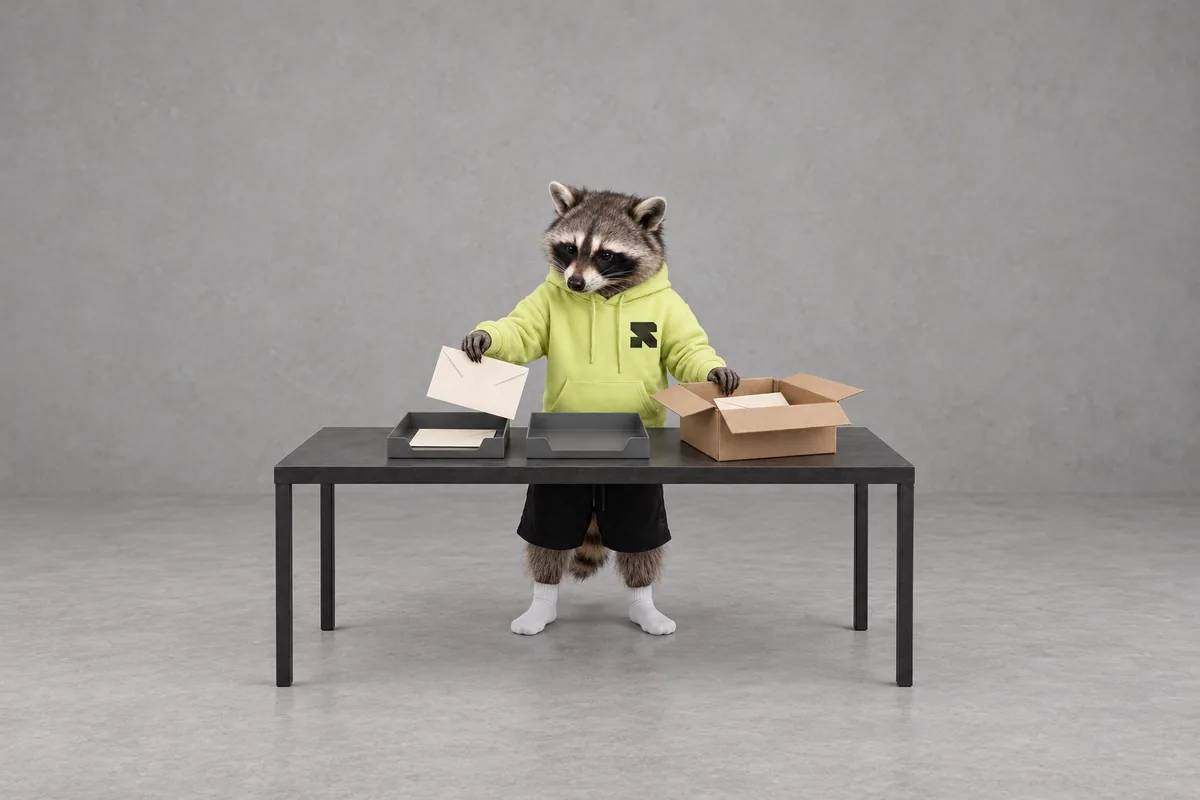 The Religh raccoon sorts three plain envelopes between two supported trays beside a parcel.