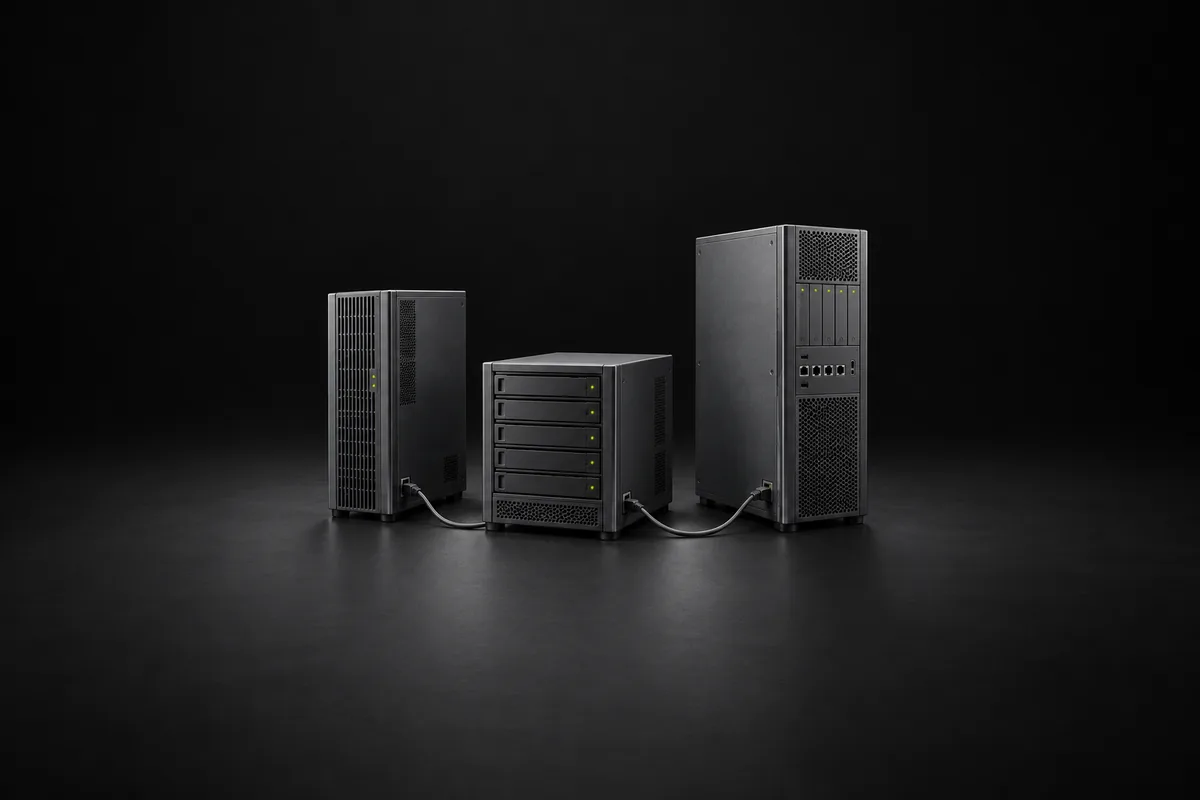 Three plain server towers with attached cables and small lime indicators in a black studio.