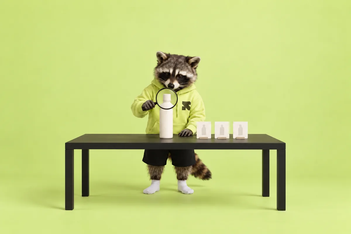The Religh raccoon examines a product bottle beside three abstract product cards.