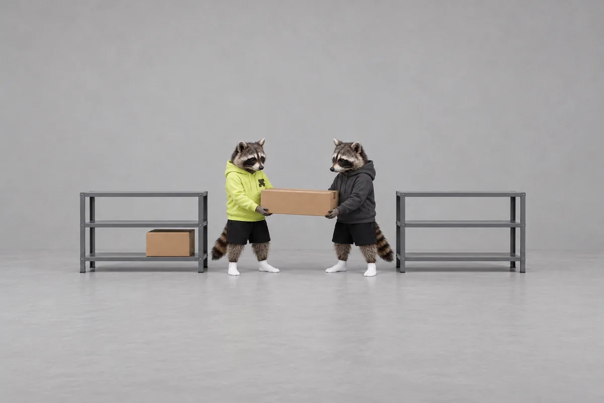 Two raccoons move a boxed product between two low catalog shelves.