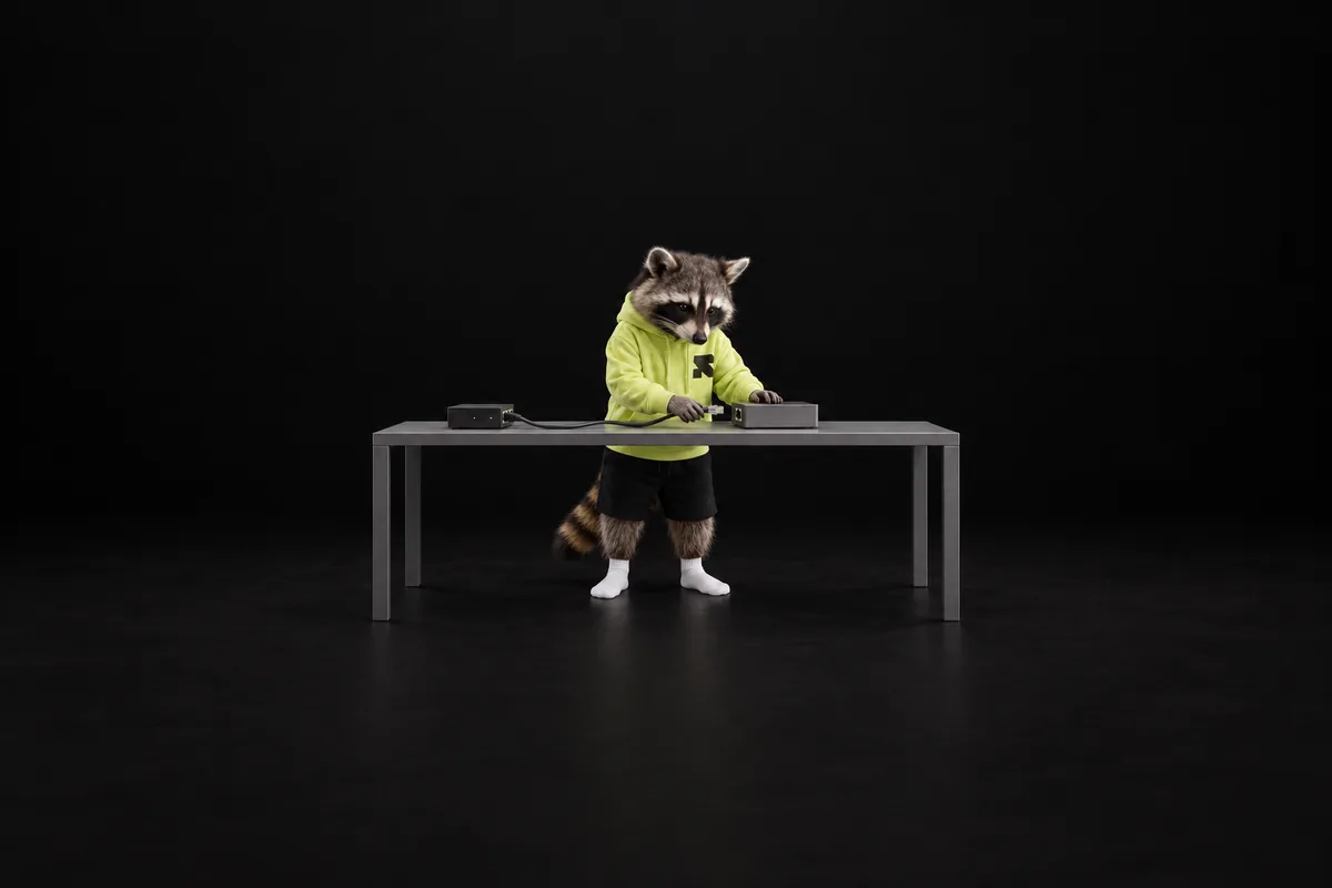 The Religh raccoon connects a cable between two supported modular devices.
