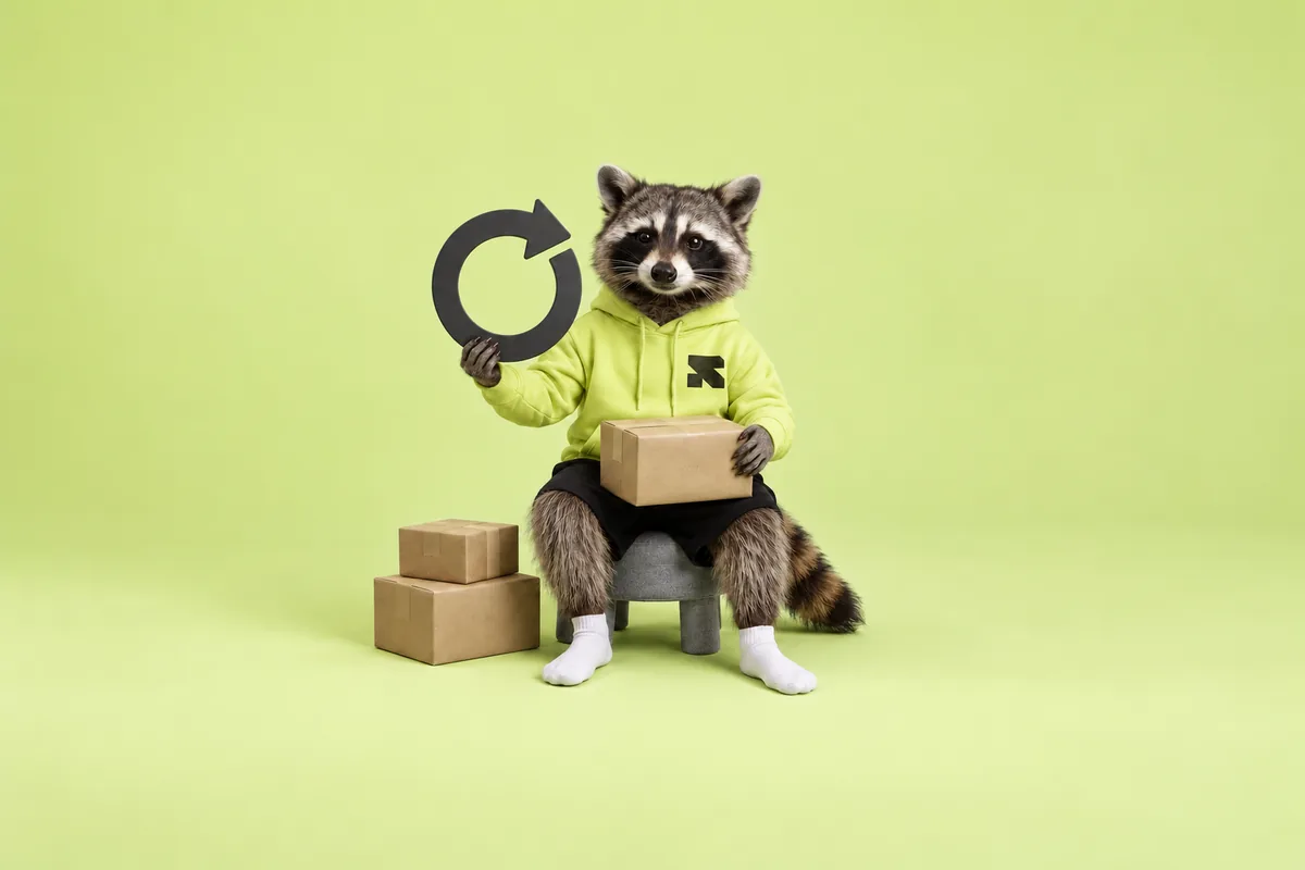 The Religh raccoon holds a circular renewal-arrow prop beside recurring parcels.