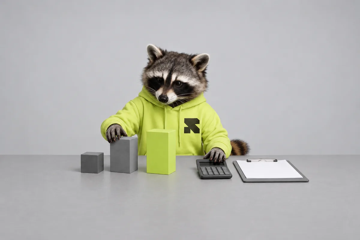 The Religh raccoon compares scope blocks beside a blank calculator and clipboard.