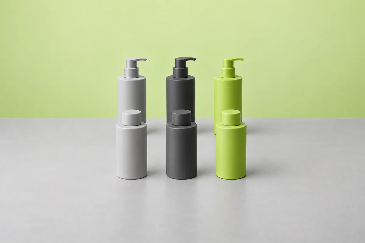 Six plain product bottles form a two-by-three grid of cap and body-colour variations.