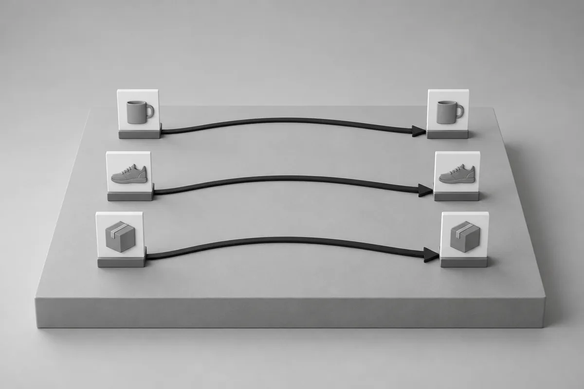 Three original product cards connect to three destination cards through separate curved arrow tracks.
