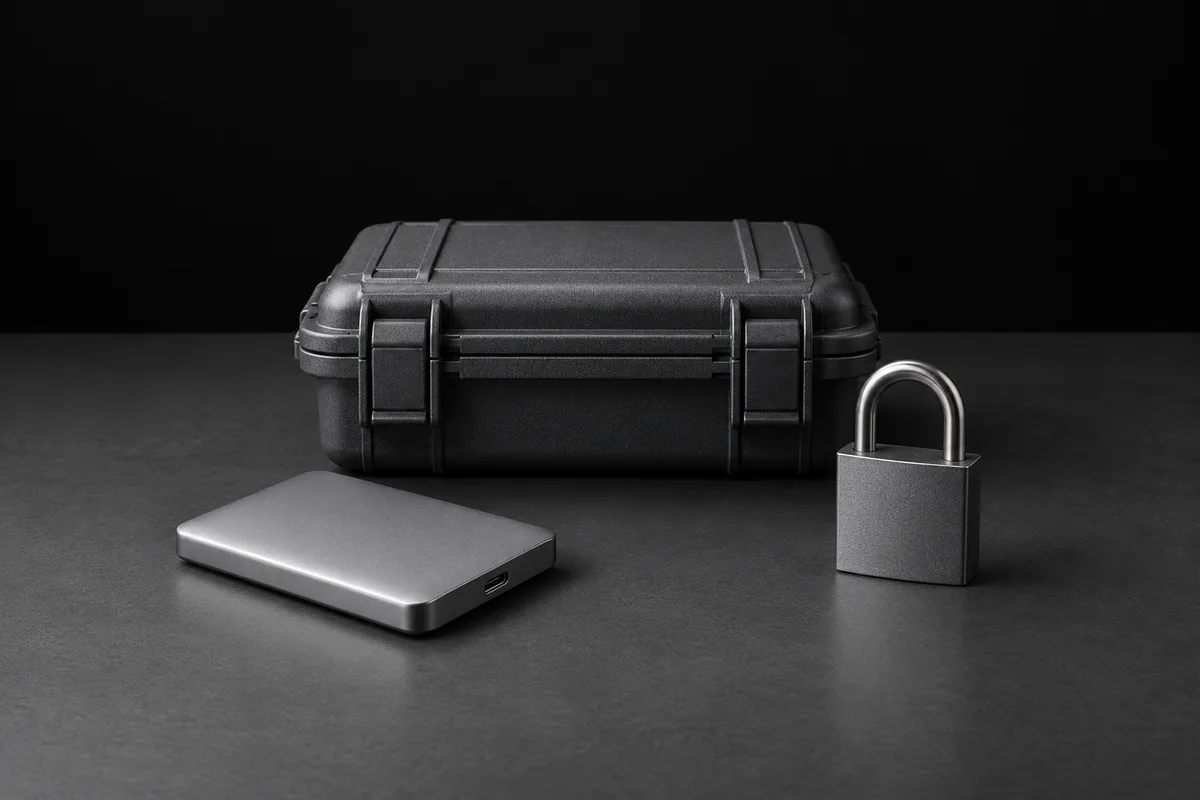 An external storage drive, closed protective case and plain padlock stand in a black studio.