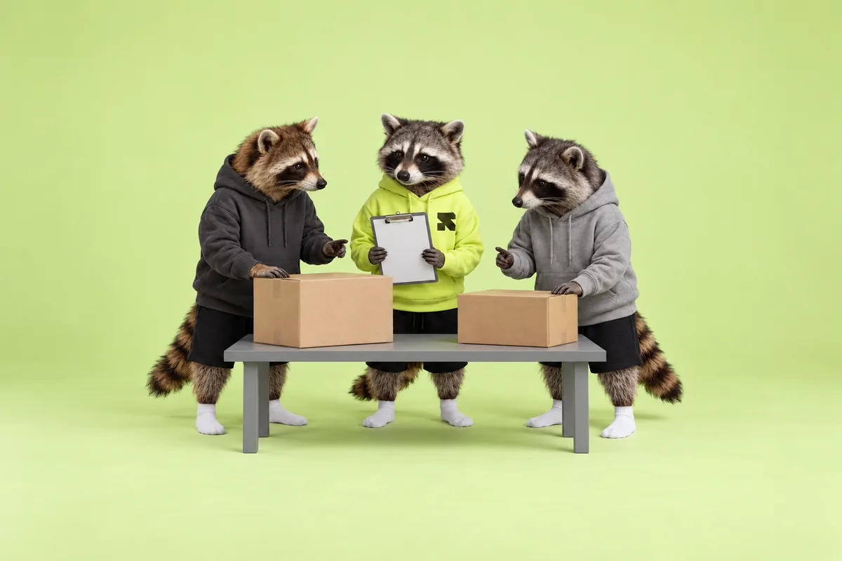 The Religh raccoon and two teammates compare boxed products around a wholesale planning table.