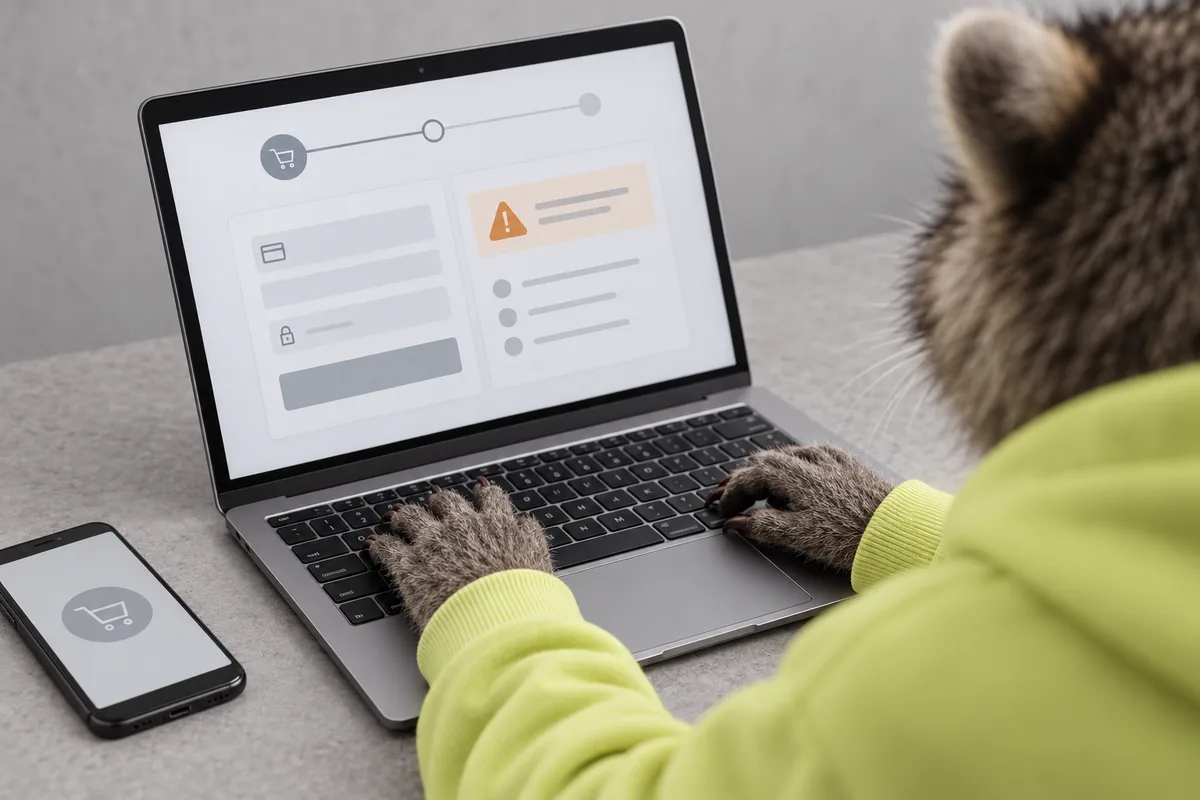 The Religh raccoon investigates a checkout issue at a laptop in a grey studio.