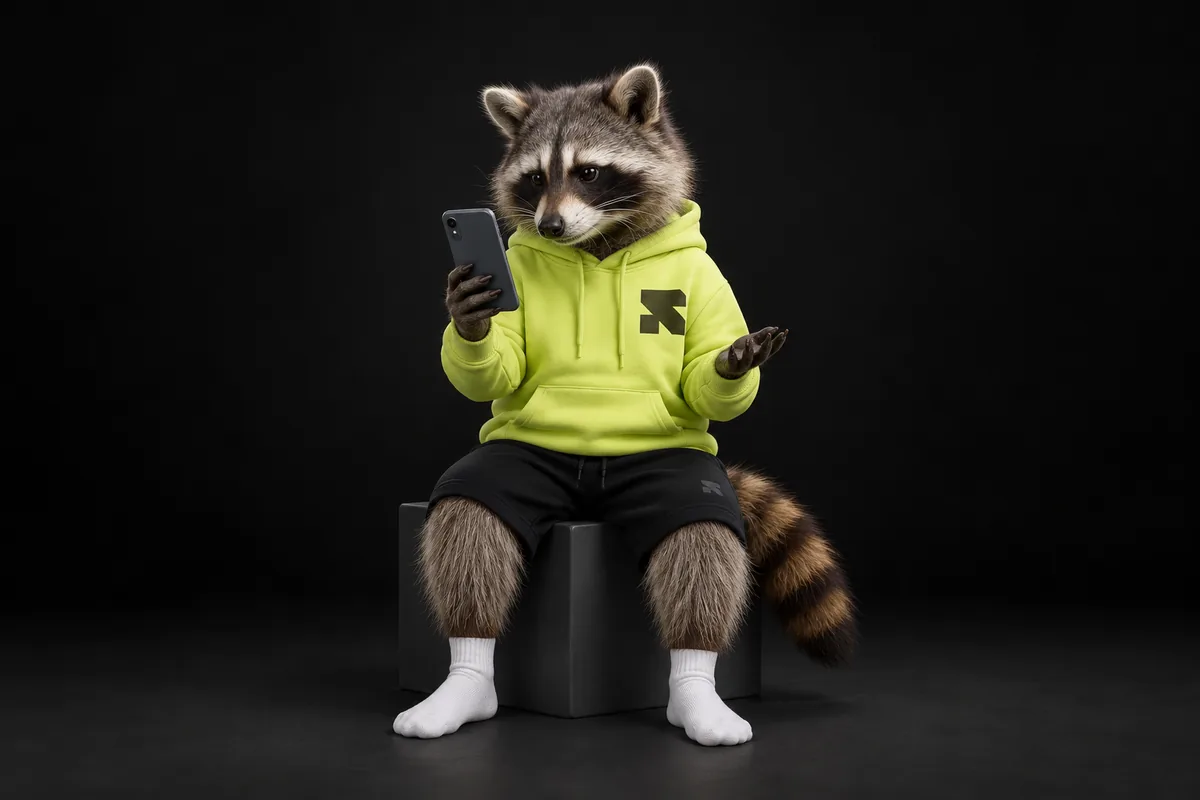 The Religh raccoon checks a phone while investigating a checkout problem.