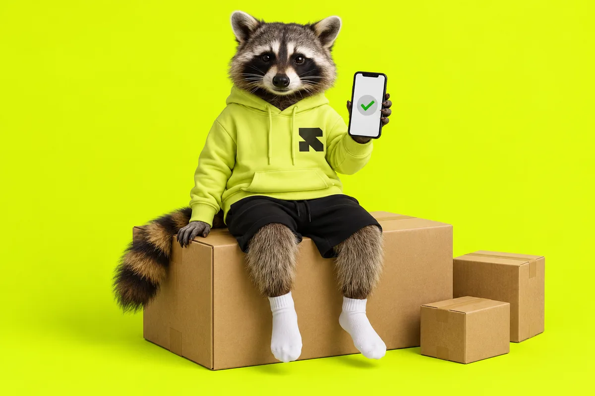 The Religh raccoon holds a phone beside a parcel after checking the purchase journey.