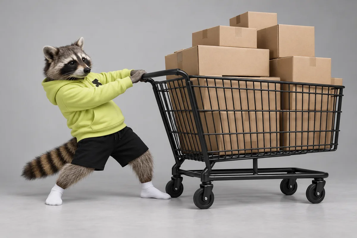 The Religh raccoon pulls a heavily loaded shopping cart in a grey studio.