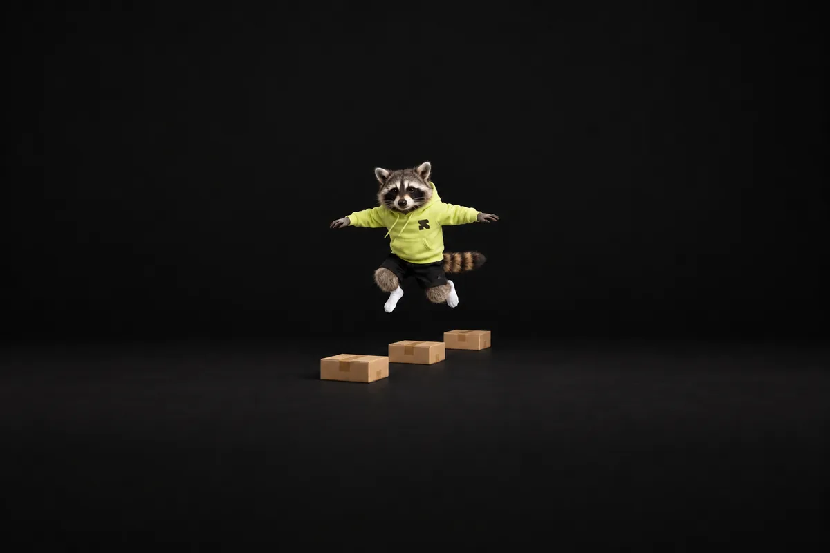 The Religh raccoon jumps over three parcels in a black studio.