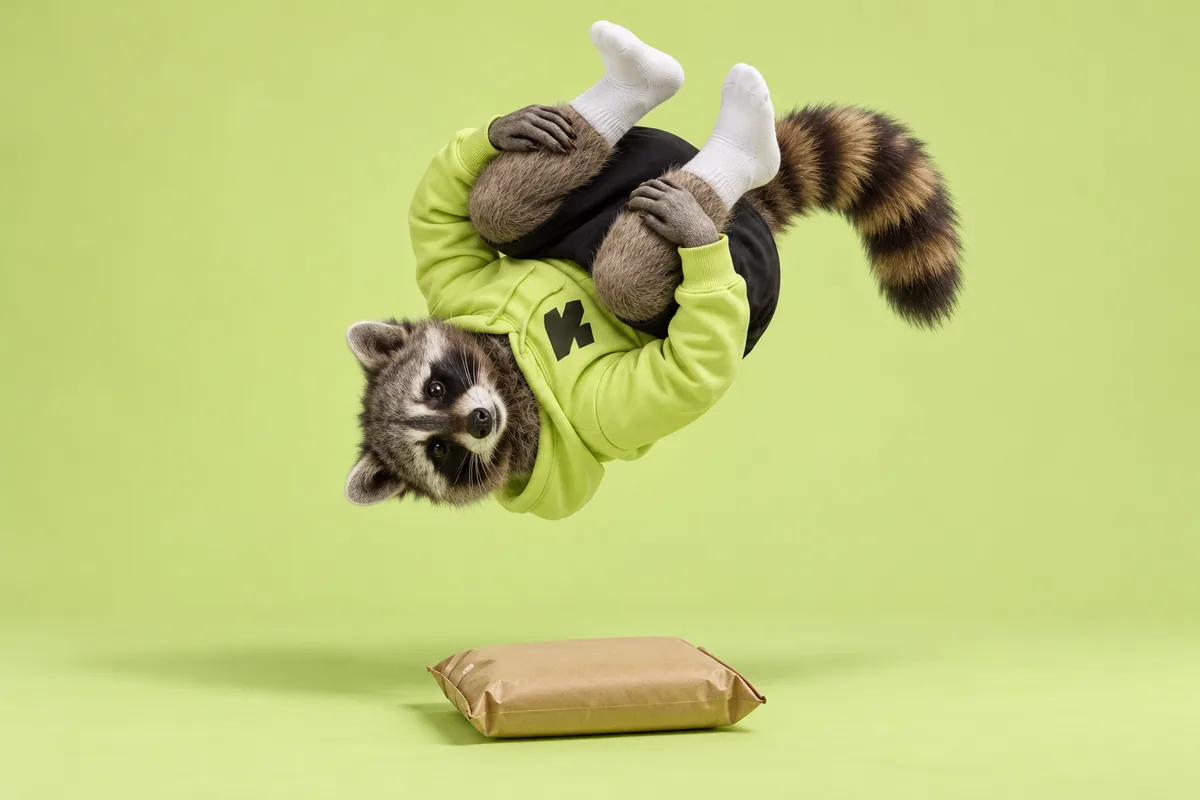 The Religh raccoon makes a forward somersault over a parcel in a lime studio.