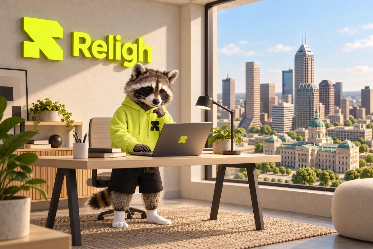 An illustrated Religh raccoon studio with a lime sign and an Indianapolis-inspired city view.