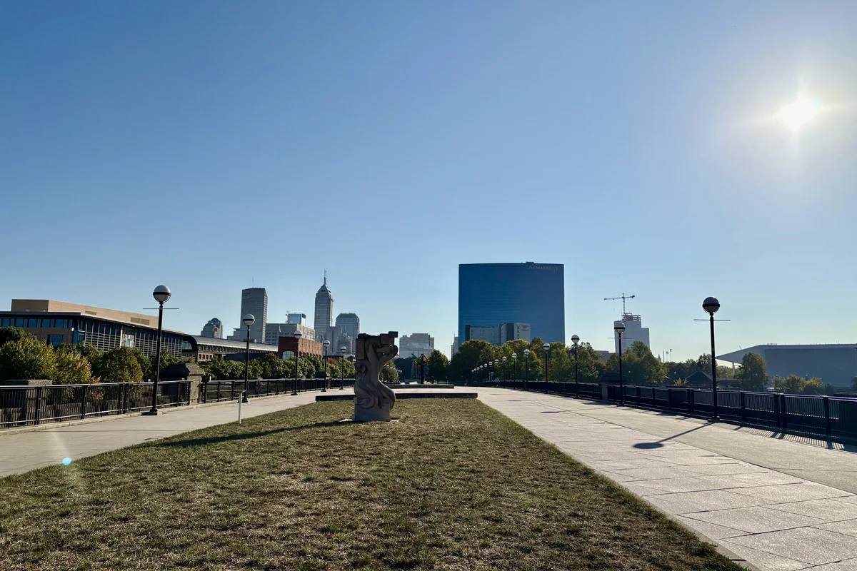 Downtown Indianapolis seen from the White River Trail Bridge.